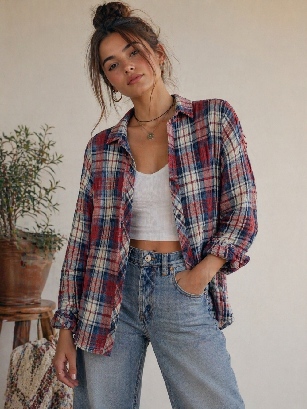 cloth & stone Red, Blue & Cream Plaid Button-Down Shirt